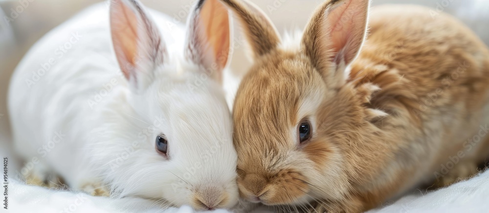 close up of white and brown rabbits. with copy space image. Place for adding text or design close up of white and brown rabbits. with copy space image. Place for adding text or design