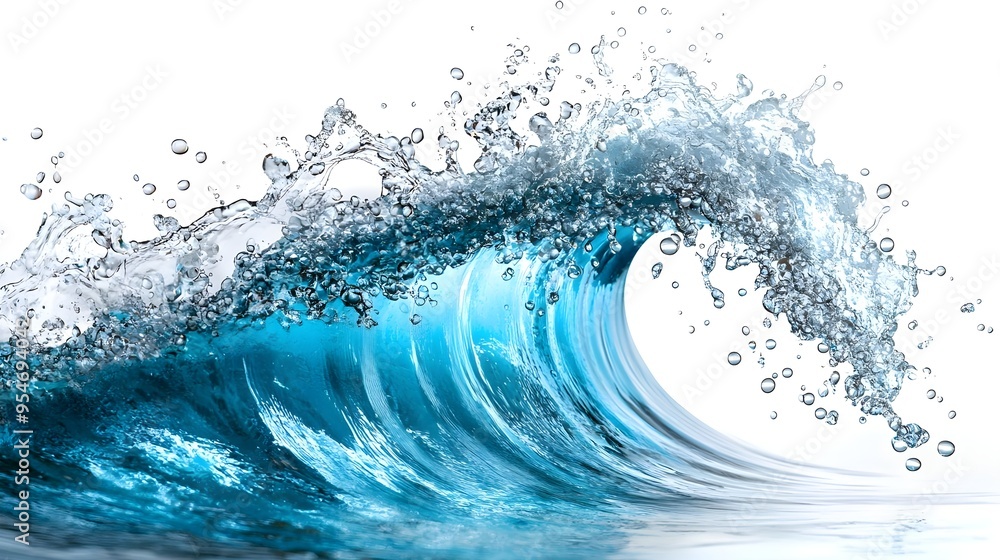 Blue Ocean Wave Splashing with Bubbles on White Background Blue Ocean Wave Splashing with Bubbles on White Background