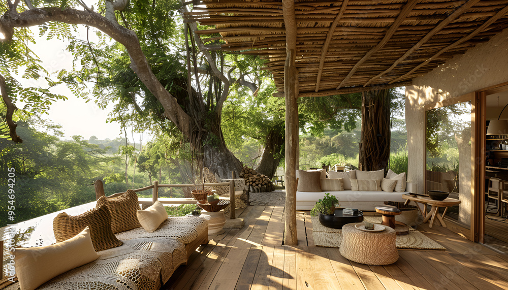 Fototapeta premium Open relaxing space with trees around and rattan furniture