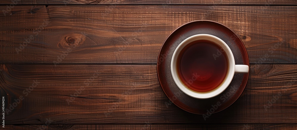 Cups of black tea held by men and women on a wooden background with copyspace top view Cups of black tea held by men and women on a wooden background with copyspace top view