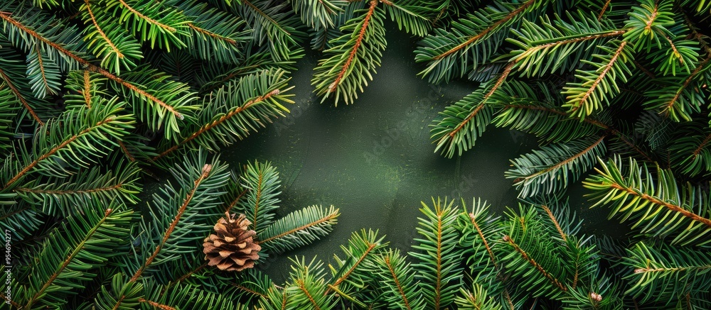 Top view of a fir tree frame set against a colorful background with copy space Merry Christmas theme Top view of a fir tree frame set against a colorful background with copy space Merry Christmas theme