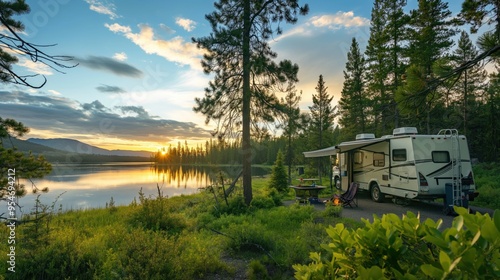 Camping. Vacation. Modern camper van motorhome. Travel. Small house on wheels. White camper van parking on beautiful landscape. Travel and adventure tourism trip concept