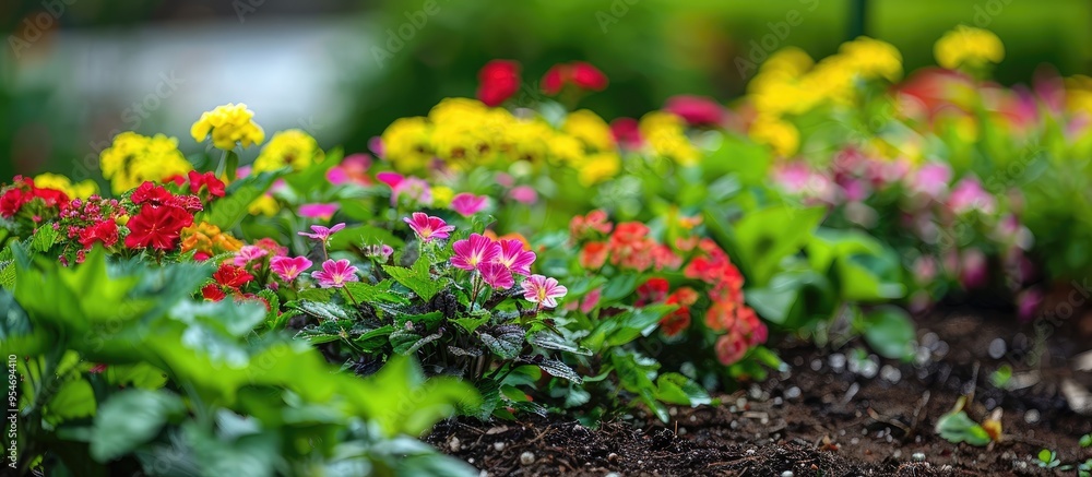 Flowerbed in the garden Seedlings in the soil Planting greenery near the entrance Yard landscaping. with copy space image. Place for adding text or design Flowerbed in the garden Seedlings in the soil Planting greenery near the entrance Yard landscaping. with copy space image. Place for adding text or design