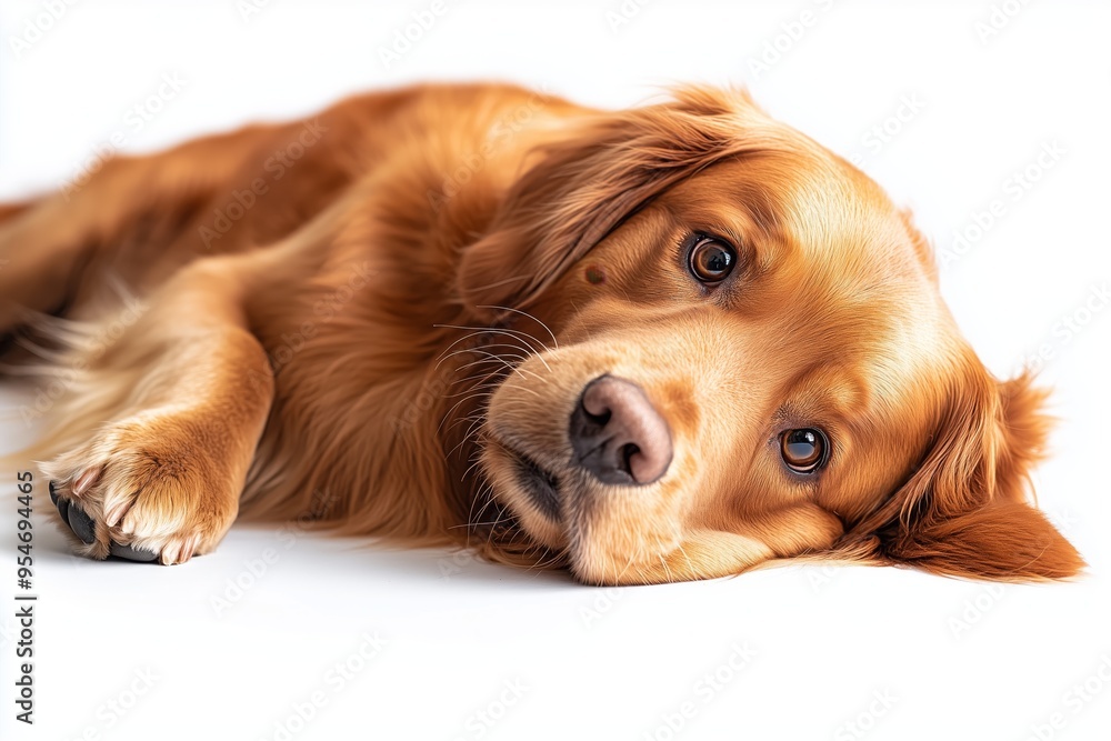 A golden retriever dog rolling on its back against an isolated white background, captured in a studio shot. A golden retriever dog rolling on its back against an isolated white background, captured in a studio shot.