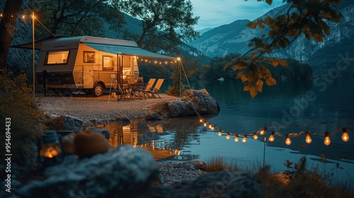 Camping. Vacation. Modern camper van motorhome. Travel. Small house on wheels. White camper van parking on beautiful landscape. Travel and adventure tourism trip concept