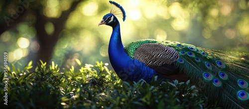 Peacock next to the bush. w...