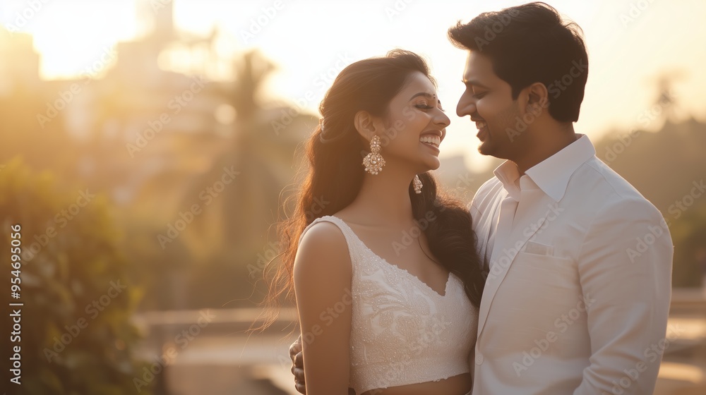 A romantic couple shares a joyful moment during sunset in an outdoor setting, surrounded by nature in a serene location