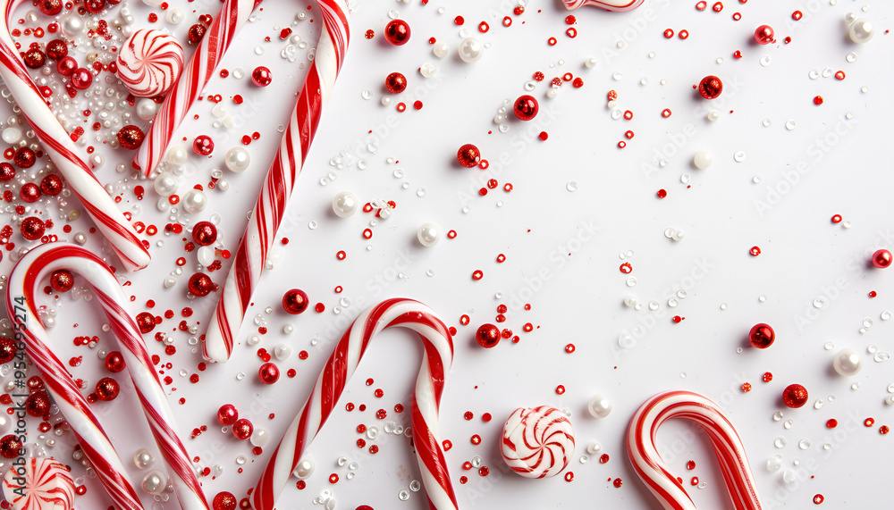 Tasty candy canes and sweet dragee on white background Tasty candy canes and sweet dragee on white background
