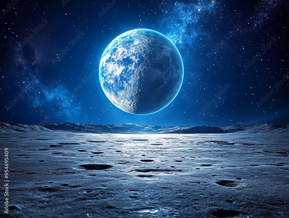 A stunning view of a luminous planet over a lunar landscape under a starry sky, evoking a sense of cosmic wonder. A stunning view of a luminous planet over a lunar landscape under a starry sky, evoking a sense of cosmic wonder.