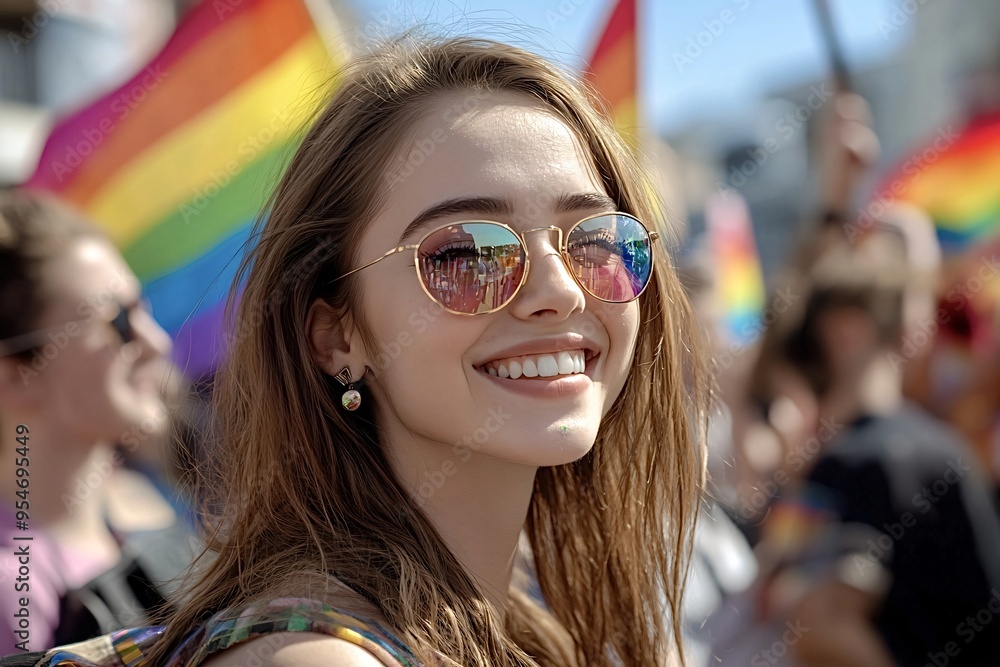 Young woman beams with joy at a vibrant gay pride event, surrounded by waving rainbow flags Young woman beams with joy at a vibrant gay pride event, surrounded by waving rainbow flags
