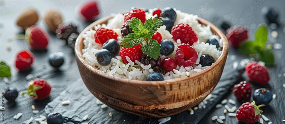 Rice berry in a white bowl with copyspace on a black background Rice berry in a white bowl with copyspace on a black background