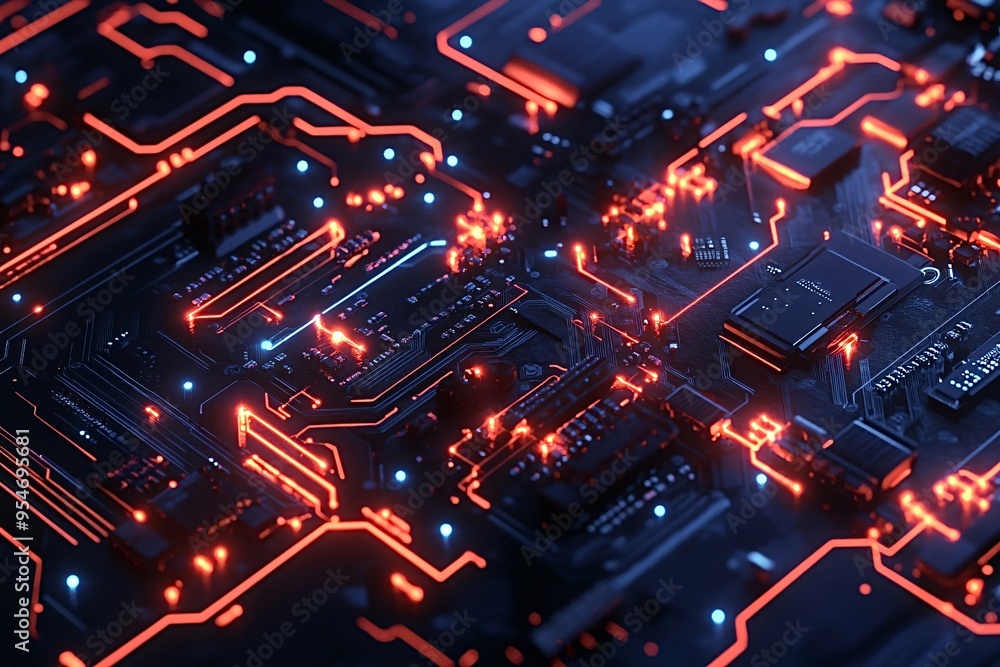 Close-up view of a glowing circuit board with intricate electronic components, showcasing modern technology's power and complexity Close-up view of a glowing circuit board with intricate electronic components, showcasing modern technology's power and complexity