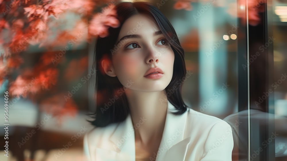 Obraz premium A young woman gazing thoughtfully through a glass window surrounded by autumn foliage in a cozy café