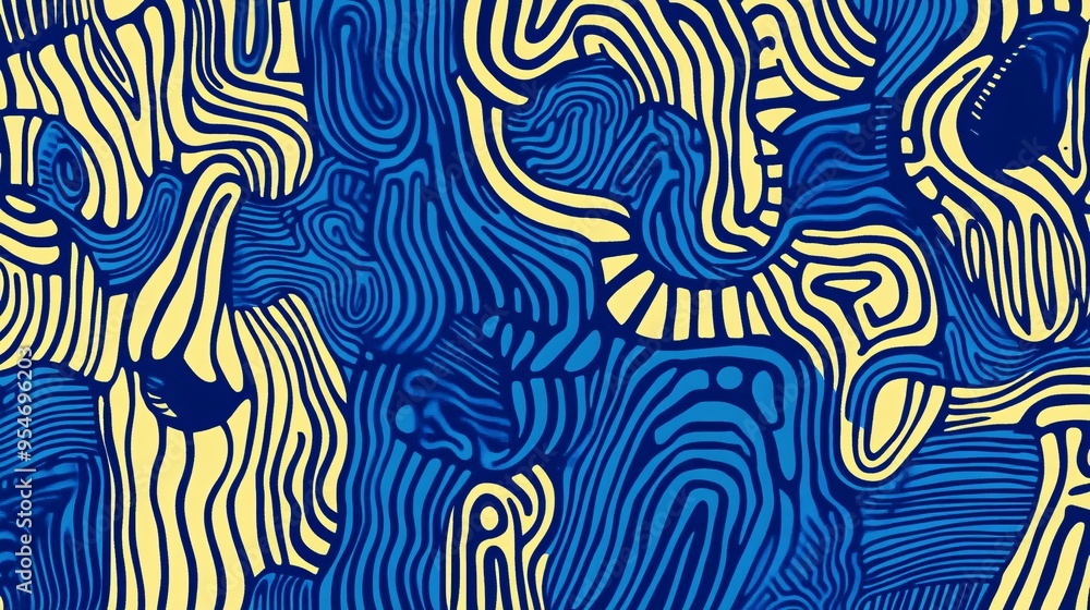 Fototapeta premium Abstract blue and yellow wavy patterns creating a vibrant, dynamic visual effect.