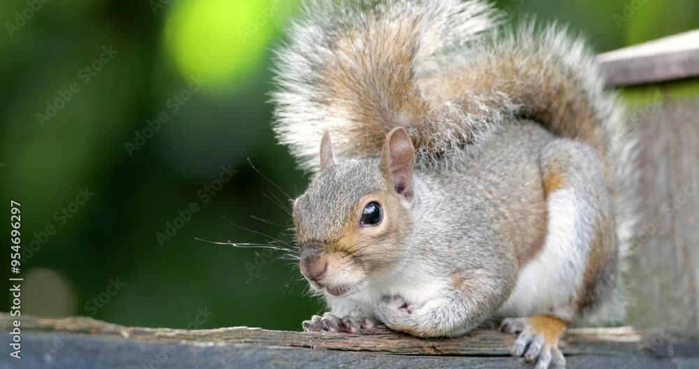 Portrait of a curious grey squirrel sitting on a garden fence
