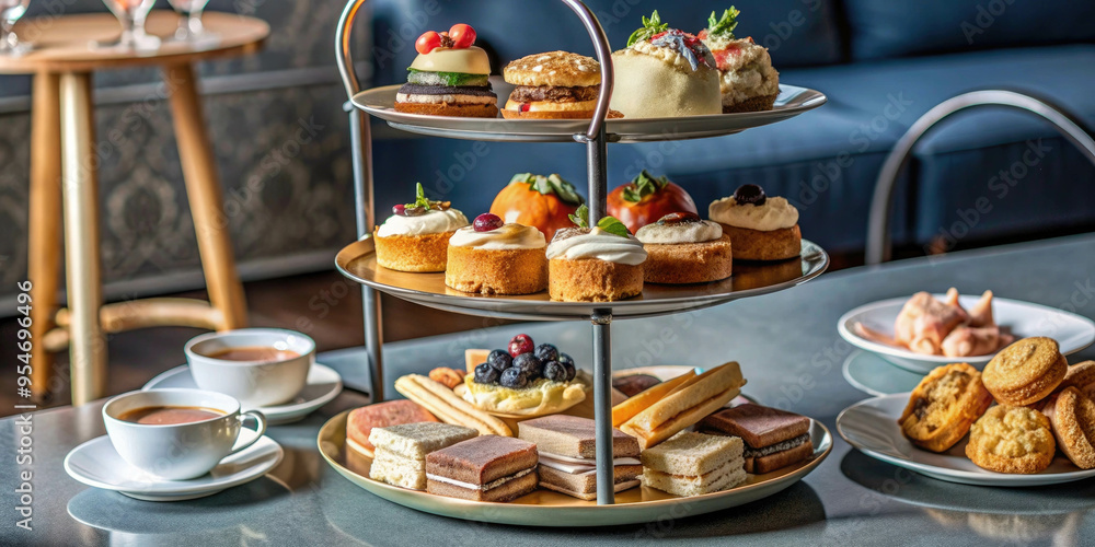 Afternoon tea stand Traditional tea with food cakes and sandwiches in restaurant Afternoon tea stand Traditional tea with food cakes and sandwiches in restaurant