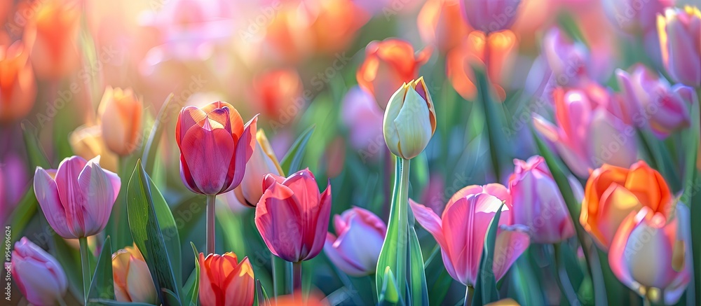 Spring flowers series closeup of lovely tulips in a tulip field with a blurred foreground and background. with copy space image. Place for adding text or design Spring flowers series closeup of lovely tulips in a tulip field with a blurred foreground and background. with copy space image. Place for adding text or design