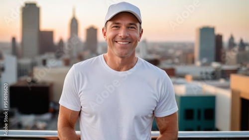 Man wearing white t-shirt and white baseball cap standing on cityscape background