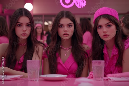 Three teenage girls in a high school cafeteria having a pink theme party.