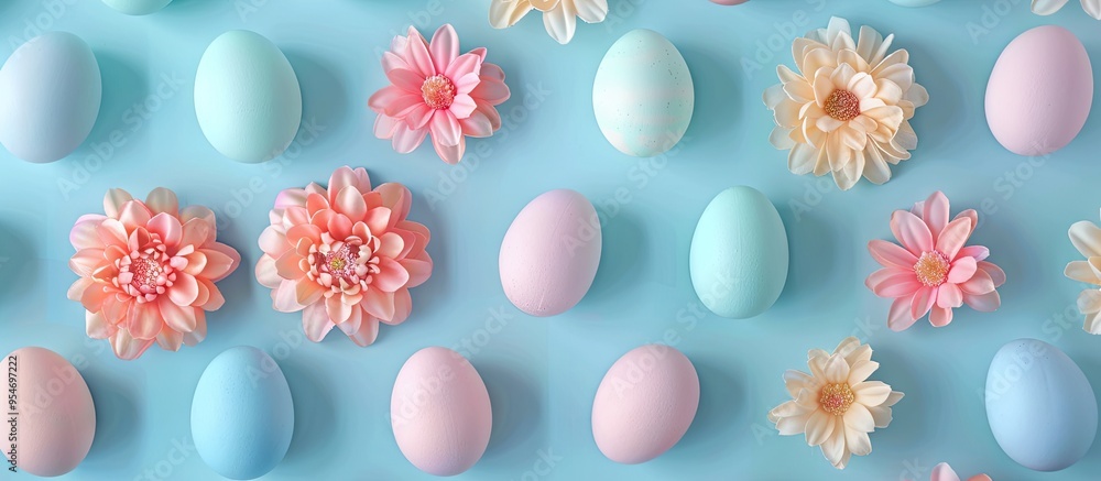 Pattern of pastel Easter eggs encircled by white flowers on a sky blue background square minimal pattern holiday card for Easter celebrations top view close up of pastel chicken egg Pattern of pastel Easter eggs encircled by white flowers on a sky blue background square minimal pattern holiday card for Easter celebrations top view close up of pastel chicken egg