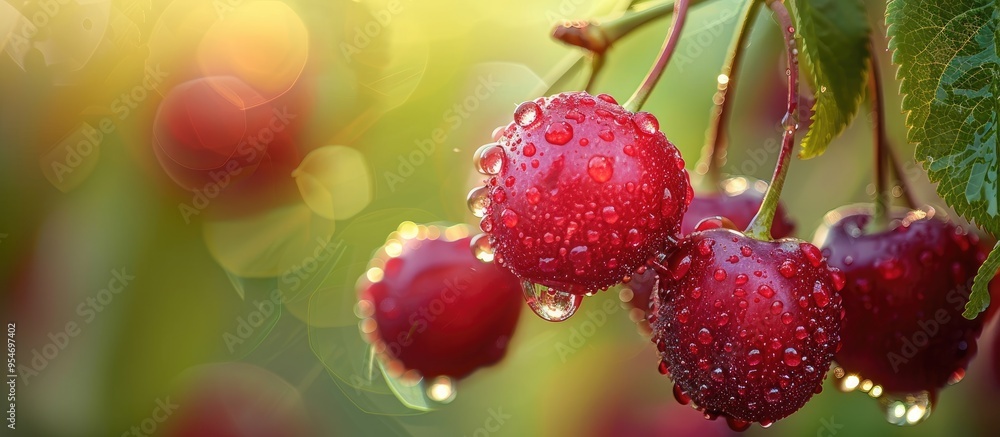 Fresh ripe cherries with dew drops against a white background Shallow depth of field. with copy space image. Place for adding text or design Fresh ripe cherries with dew drops against a white background Shallow depth of field. with copy space image. Place for adding text or design