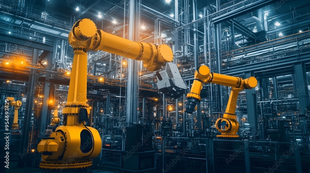Photograph showcasing IoT enabled robotic arms operating in an oil refinery demonstrating the power of automation and smart technology in optimizing industrial processing and production workflows Photograph showcasing IoT enabled robotic arms operating in an oil refinery demonstrating the power of automation and smart technology in optimizing industrial processing and production workflows