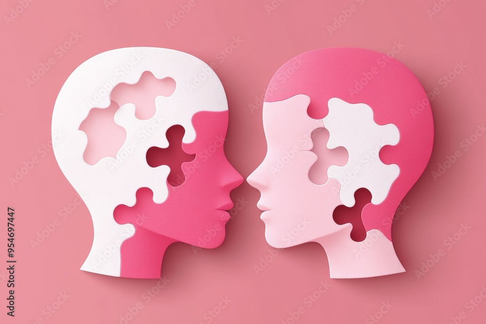Memory processing Hierarchical Minimalist pink and white profiles with puzzle piece brains symbolizing the connection and unity of thoughts in a simple modern design Memory processing Hierarchical Minimalist pink and white profiles with puzzle piece brains symbolizing the connection and unity of thoughts in a simple modern design