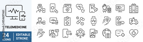 Telemedicine web line icon set. Digital healthcare. Remote health diagnosis. Editable stroke. Vector illustration