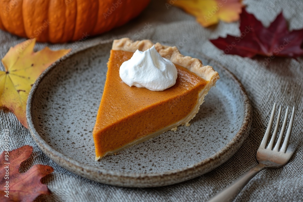 Pumpkin Pie Slice: A close-up of a perfectly cut slice of pumpkin pie with a dollop of whipped cream on top, placed on a rustic plate with a fork beside it. The background is a textured tablecloth wit Pumpkin Pie Slice: A close-up of a perfectly cut slice of pumpkin pie with a dollop of whipped cream on top, placed on a rustic plate with a fork beside it. The background is a textured tablecloth wit