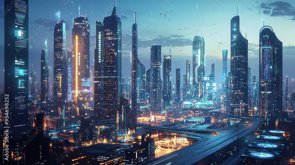Obraz premium AI integration in modern architecture. Modern buildings designed by AI.