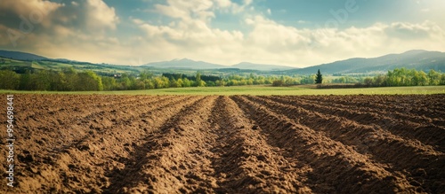 Agricultural field tilled in spring Farmland prepared for the upcoming cultivation season. with copy space image. Place for adding text or design