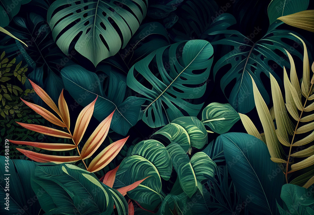 Dark Green Nature Texture Tropical Palm Leaves Background, Dark Green Nature Texture Tropical Palm Leaves Background,