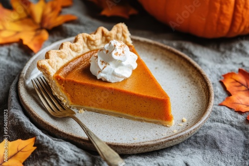 Pumpkin Pie Slice: A close-up of a perfectly cut slice of pumpkin pie with a dollop of whipped cream on top, placed on a rustic plate with a fork beside it. The background is a textured tablecloth wit