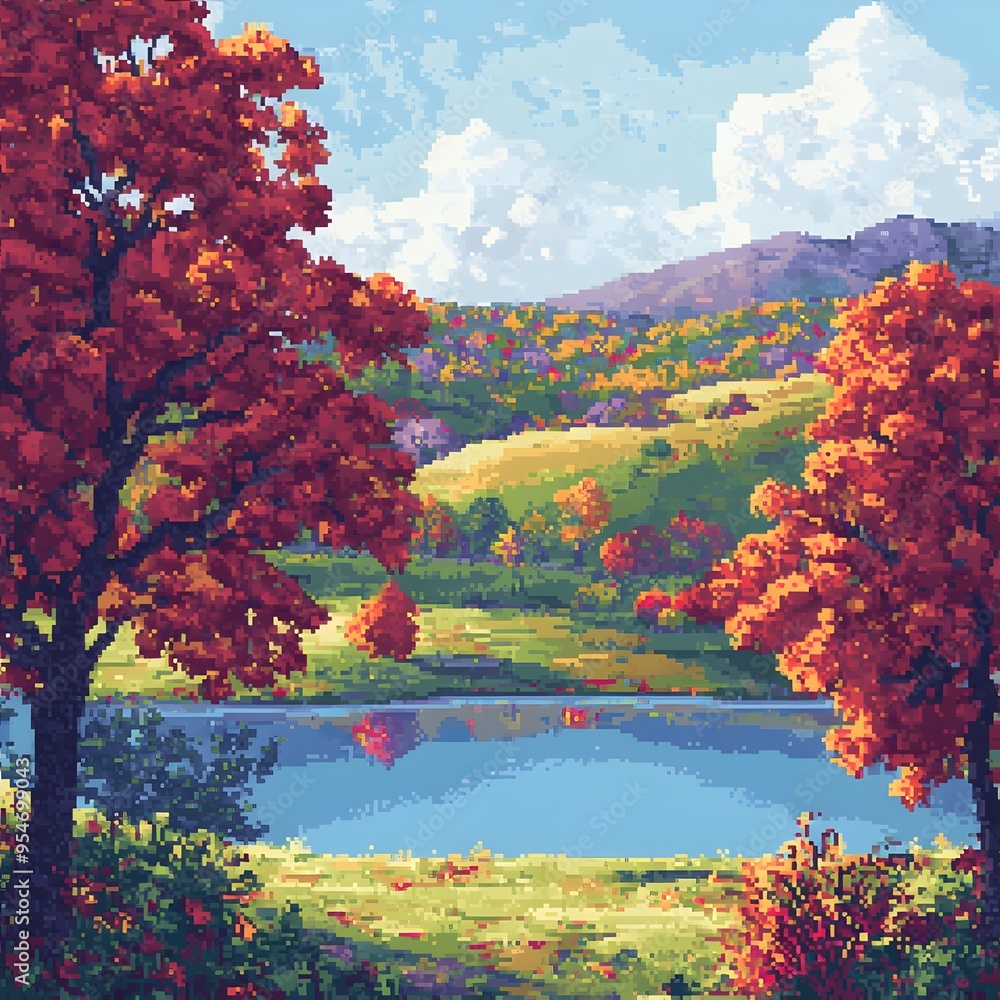 Obraz premium Vibrant Pixel Art Landscape with Serene Lake and Autumn Foliage