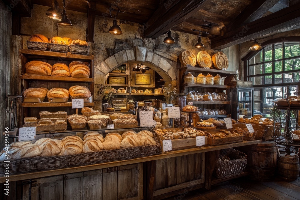 A cozy bakery filled with fresh bread. Shelves display various types of bread, creating an inviting atmosphere. Perfect for food lovers and artisan bakers. Generative AI A cozy bakery filled with fresh bread. Shelves display various types of bread, creating an inviting atmosphere. Perfect for food lovers and artisan bakers. Generative AI