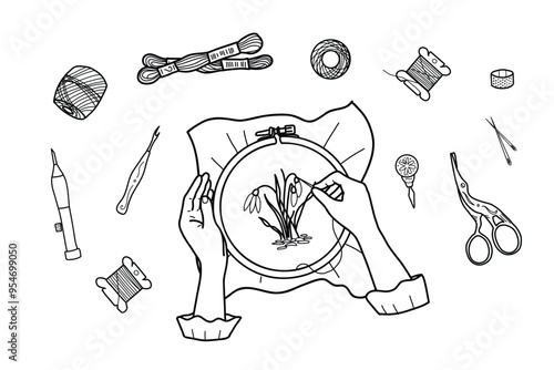 Female Hands Embroidering Flowers on a Hoop Canvas, Threads Spools, Scissors and Mulin Floss isolated on a white background. Needlework concept. Top view. Vector Hand drawn illustration in Doodle