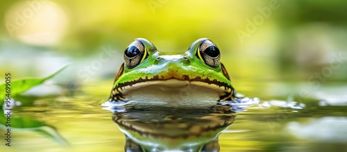 Close up portrait of a frog near a bog. with copy space image. Place for adding text or design photo