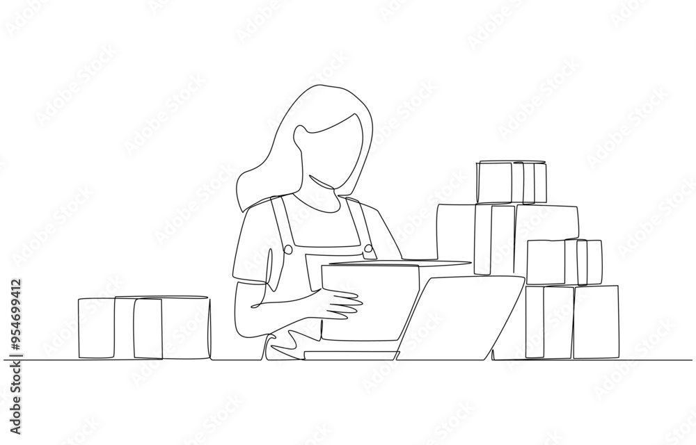 Continuous one line drawing of female seller packing products according to online orders, selling products online, single line art. Continuous one line drawing of female seller packing products according to online orders, selling products online, single line art.
