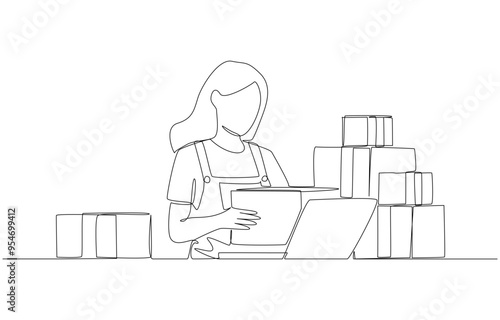 Continuous one line drawing of female seller packing products according to online orders, selling products online, single line art.