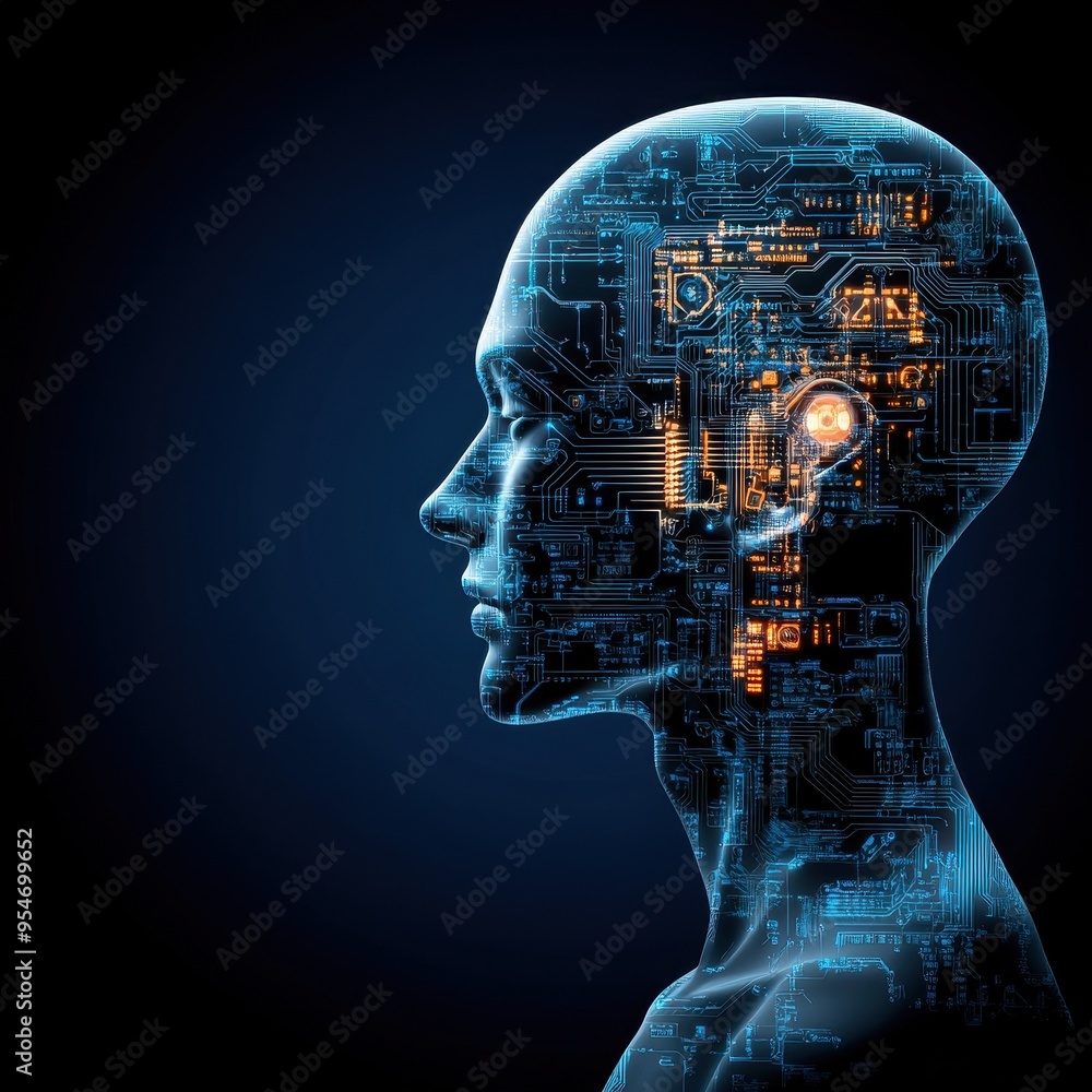 Obraz premium Futuristic profile of a human head with digital circuits, symbolizing technology and artificial intelligence.