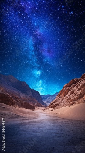 Stunning desert landscape under a starry sky, showcasing the beauty of the Milky Way and mountainous terrain.