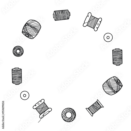Threads Spools Wreath. Sewing or Needlework Circle Frame, Border for Handmade classes, handicraft. Hand drawn Vector illustration. Vintage Line art.