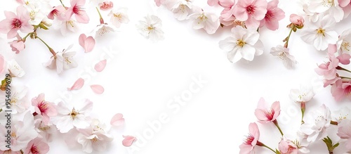 Pink and white cherry blossoms on a white background are arranged in a circular frame. with copy space image. Place for adding text or design