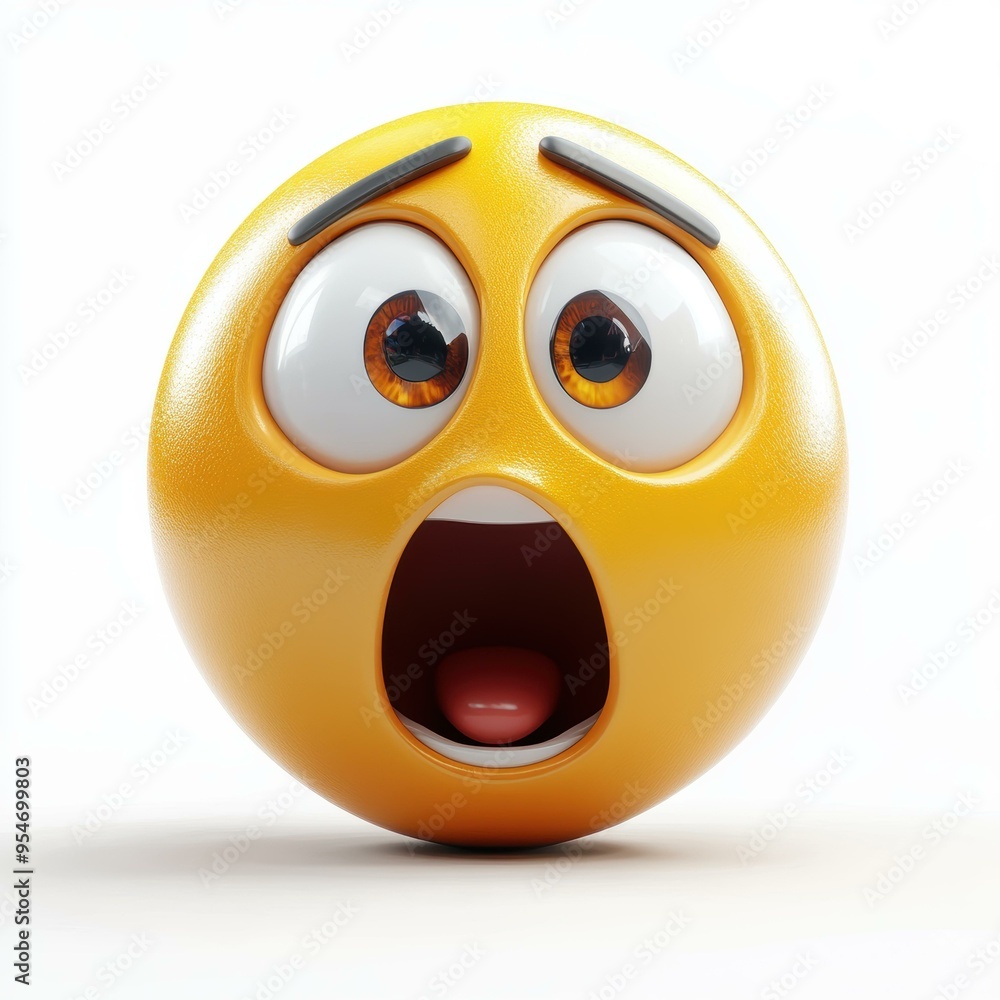 Fototapeta premium A yellow emoji face with wide eyes and an open mouth expressing shock or surprise, perfect for use in digital communications, social media posts, or reaction memes,