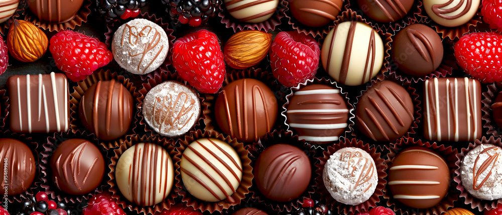 A close up of a variety of chocolates and berries A close up of a variety of chocolates and berries