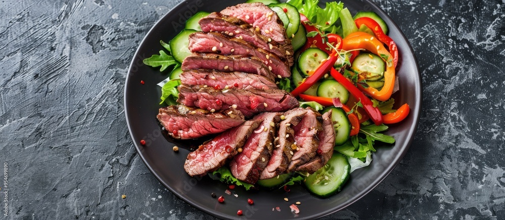 Sliced medium rare beef steak accompanied by pickled cucumber salad on parchment against a gray background Top view Copy space Sliced medium rare beef steak accompanied by pickled cucumber salad on parchment against a gray background Top view Copy space