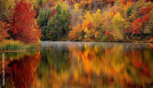 A serene lake reflecting vibrant autumn foliage in shades of red, orange, and yellow, creating a picturesque landscape.