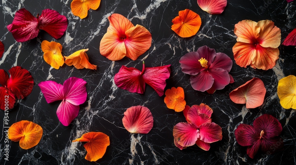 Vibrant Flower Petals Scattered on Black Marble Vibrant Flower Petals Scattered on Black Marble