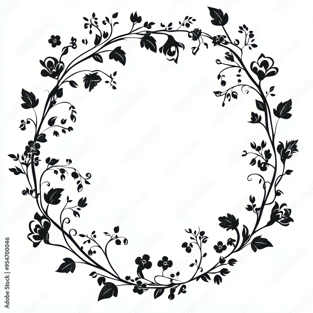 A black and white floral wreath with intricate leaf and flower designs curving in a circular shape suitable for decorative elements, invitations, or greeting cards, A black and white floral wreath with intricate leaf and flower designs curving in a circular shape suitable for decorative elements, invitations, or greeting cards,