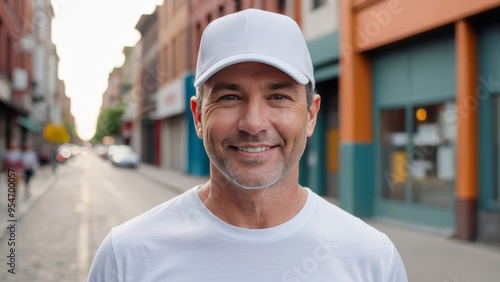 Man wearing white t-shirt and white baseball cap standing on the street